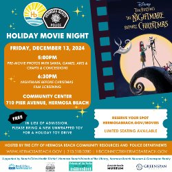 City of HB & Hermosa Beach Police Holiday Movie Night - \"The Nightmare Before Christmas\" at the HB Community Center on Friday, December 13, 2024